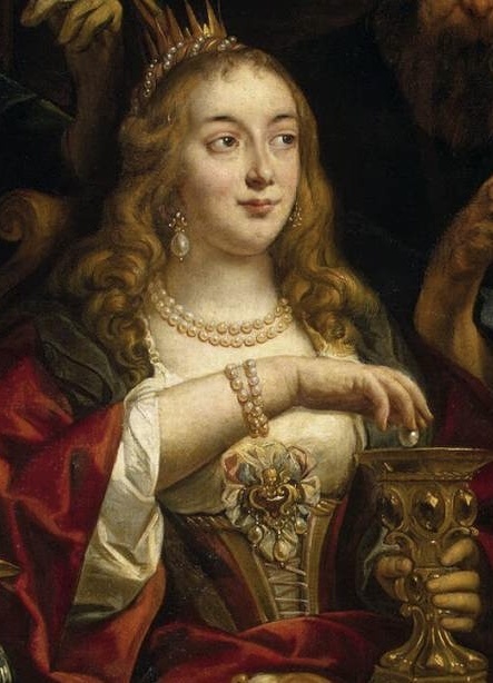 Это тоже, в каком-то смысле, знаменитая «девушка с жемчужной сережкой», но, конечно, другая.  Якоб Йорданс, «Пир Клеопатры». 1653 год. Холст, масло. 156,4 × 149,3 см. Фрагмент. Государственный Эрмитаж, Санкт-Петербург. 