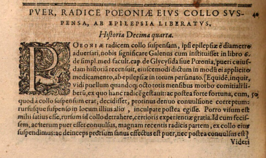 Фрагмент текста 14 истории о "галеновском мальчике" из книги Silvaticus Johannes Baptista «Медицинские истории Галена» (Galeni Historiae medicinales), 1605 года.