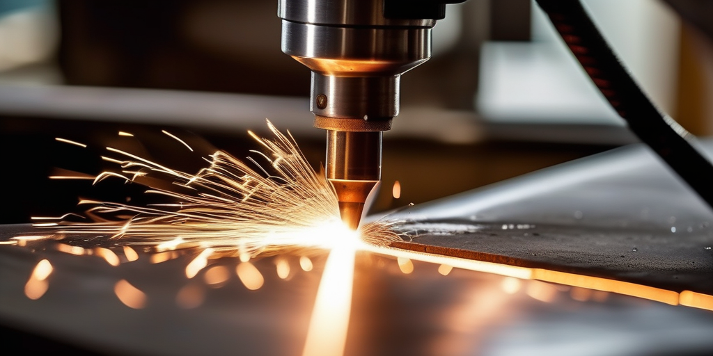 Плазменная горелка в работе, режет металлический лист, искра