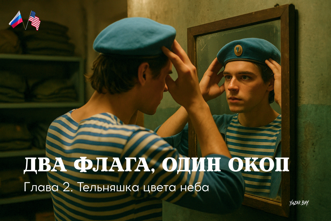 Американец Майкл Глосс впервые примеряет тельняшку и голубой берет ВДВ России ©Язар Бай.