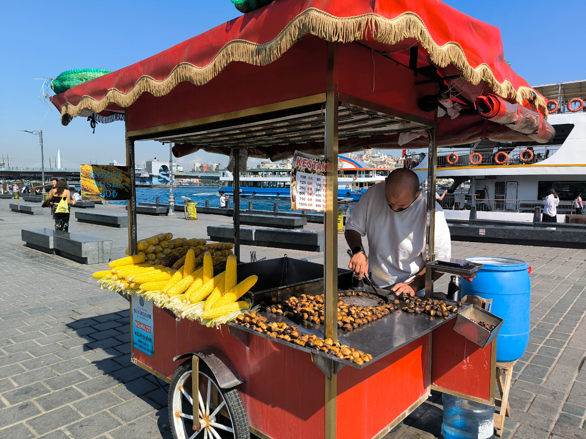 Продавец жареных каштанов и кукурузы на пристани