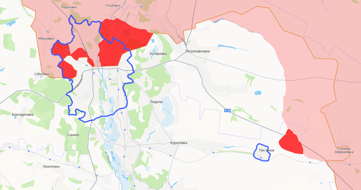 Синим контуром без названия - Купянск, ярко-красным - продвижение ВС РФ.