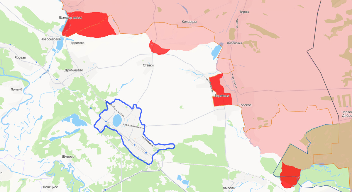 Синим контуром без названия - Лиман, ярко-красным - продвижение ВС РФ.