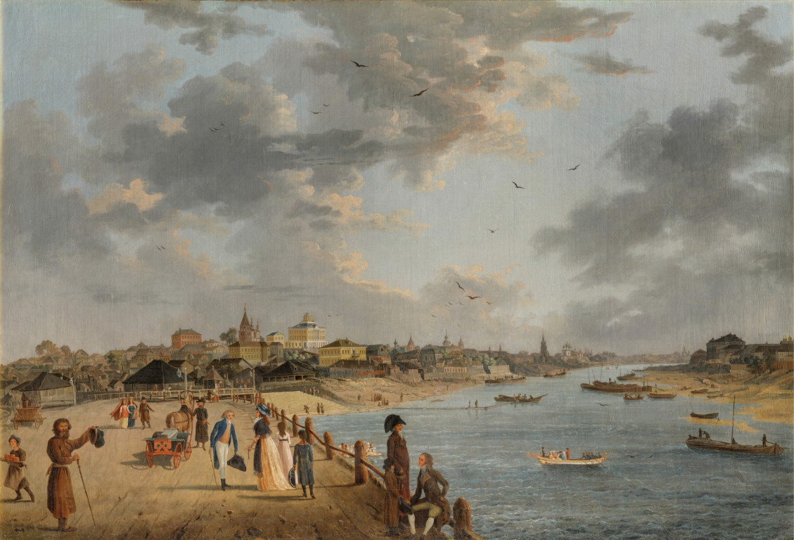 Яузский мост (на дальнем плане). Вид от Москворецкой набережной. Картина Ж. Делабарта, 18 век. Отсюда: https://rusmuseumvrm.ru