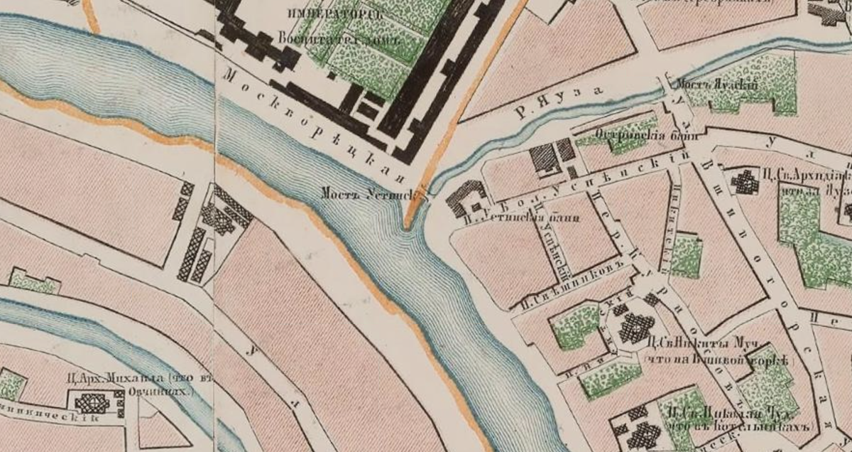 Малый Устьинский мост на карте Москвы 1859 года. Таким образом получается, что эта конструкция старше, чем Большой Устьинский мост. С сайта www.retromap.ru.