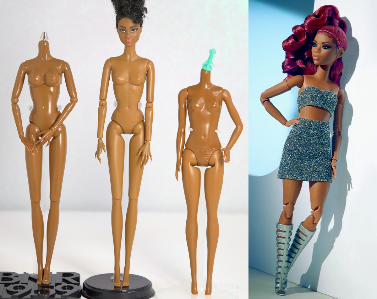 Фото слева: Barbie Fashionistas 185 среди своих старых и новых тел, справа: Barbie Looks #7 (молд Tamika)