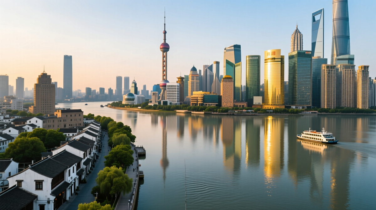 Река Хуанпу служит ландшафтной осью, визуально разделяющей город на секторы, сформированные в разные временные периоды.