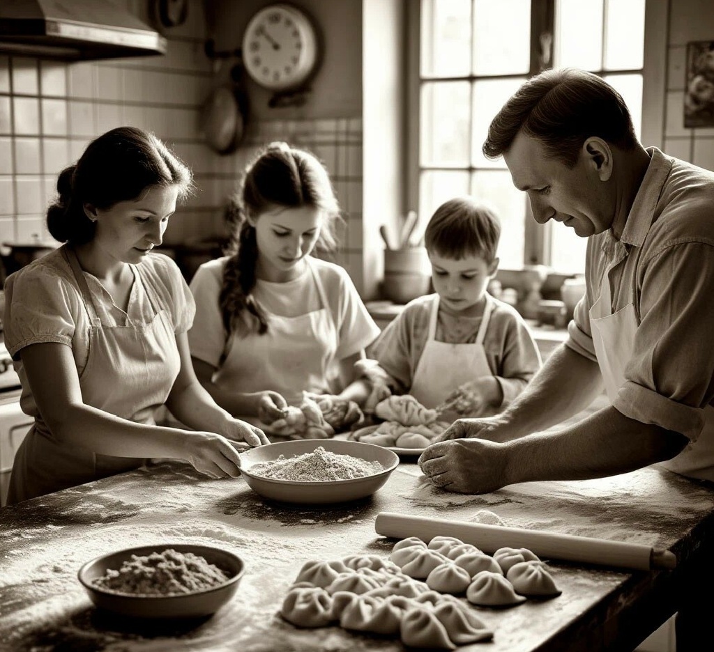 фото: лепка пельменей всей семьей