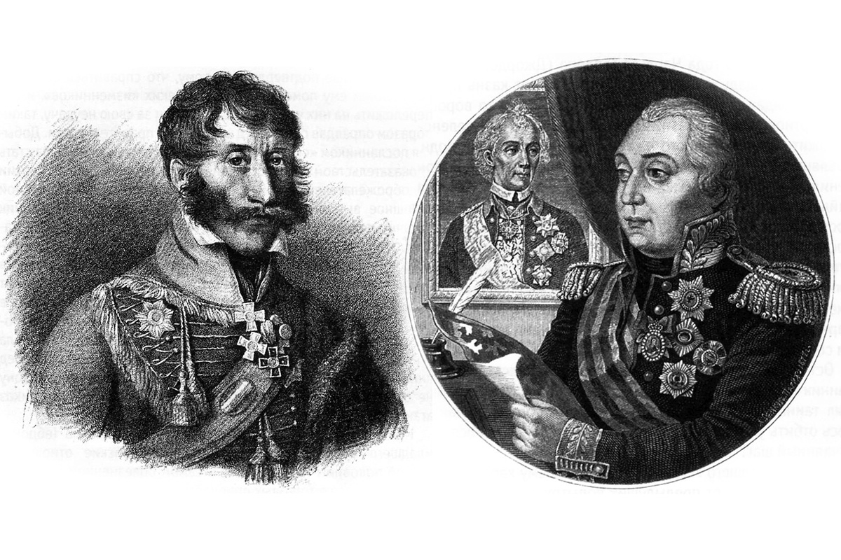 Генерал-лейтенант И. С. Дорохов и генерал-фельдмаршал князь М. И. Голенищев-Кутузов-Смоленский. Из архива журнала "Родина"