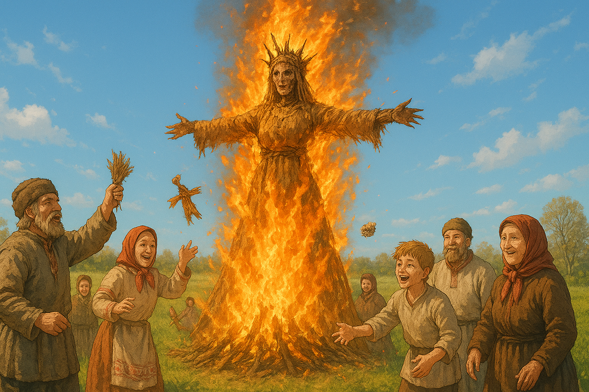 Славяне сжигают чучело Морены (создано с помощью нейросети)