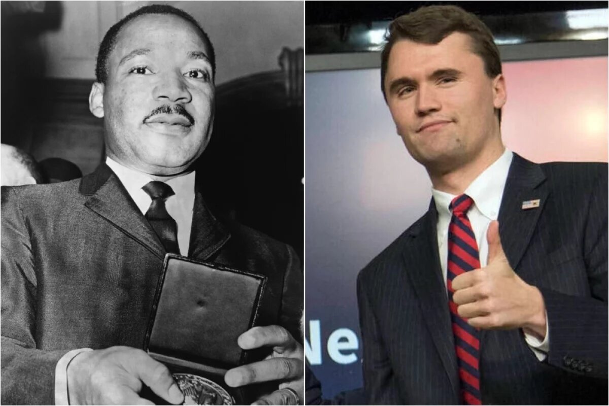    Мартин Лютер Кинг показывает медальон, полученный им от мэра Нью-Йорка Вагнера; американский политический активист Чарли Кирк на встрече с Дональдом Трампом.