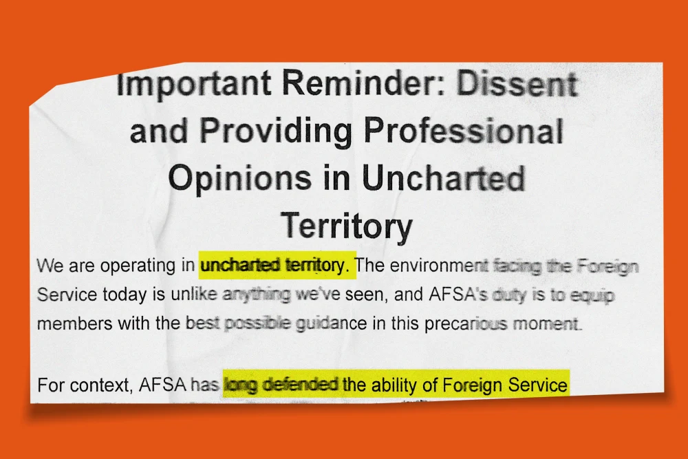 В прошлом месяце Американская ассоциация дипломатической службы разослала своим членам электронное письмо с предупреждением о рисках, связанных с откровенными советами во второй эре Трампа. Получено NBC News.