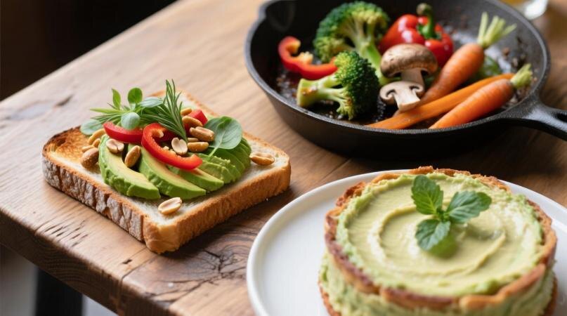 Тост с пюре из авокадо, зеленью, красным перцем и кунжутом.
 Сковорода с овощами, обжаренными на тонком слое авокадо (не масло!).
 Пирог из авокадо — кремовый, нежный, без масла.