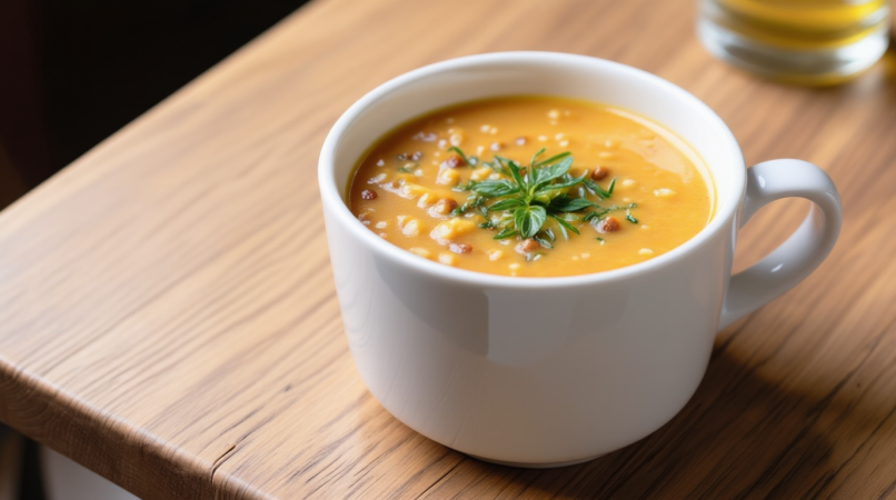 Высокая чашка крем-супа из гречки с зеленью и кусочками авокадо.