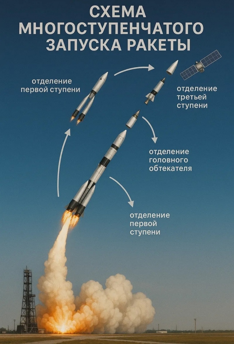 Иллюстрация многоступенчатого запуска ракеты и орбитального маневра.