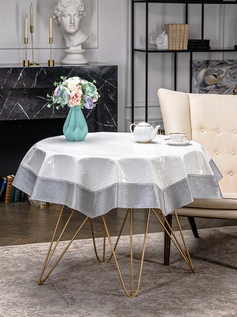 Скатерть из экокожи Кайман белый (кант серый)