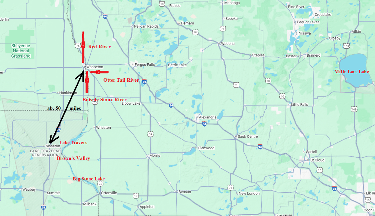 Карта 2; Черная стрелка ничего не обозначает кроме масштаба; это примерное расстояние по прямой между городками Сиссетон и Вахпетон)                                                                                  Borrowed from here (thnks, Google) https://www.google.com/maps/@49.8226316,-91.3387749,6.09z/data=!5m1!1e4?entry=ttu&g_ep=EgoyMDI1MDkxNy4wIKXMDSoASAFQAw%3D%3D