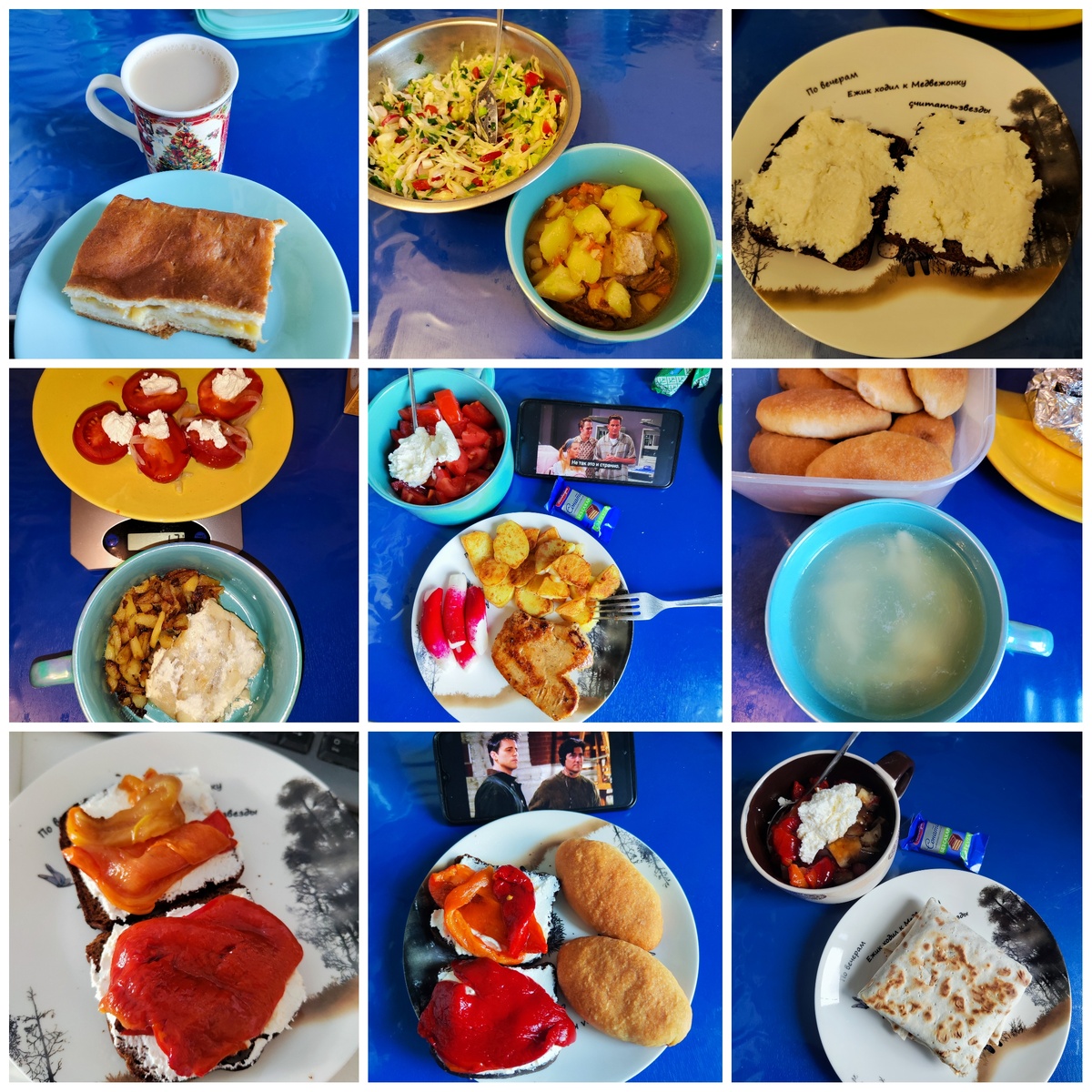 1. Яблочный пирог без сахара. 2. Тушеный картофан с вырезкой свиньи + салат капуста, редис, перец, масло. 3. Бородинские тосты + лёгкий сыр, яйцо, чеснок, майонез. 4. Жареная картошка + запечёный минтай филе +помидоры с творожным сыром. 5. Картофан варёный поджаренный +стейк индейки +помидоры, сладкий чили соус, тв.сыр. 6. Куриный бульон с яичными клецками + пирожок с яйцом и луком. 7. Тосты Бородинские с тв.сыром и запечёным перцем. 8. Они же + пирожки с яйцом и луком. 9. Курголени сувид с моцареллой и кетчупом в лаваше + помидоры, маринованные баклажаны, сладкий чили соус, тв.сыр (салат этого лета) 