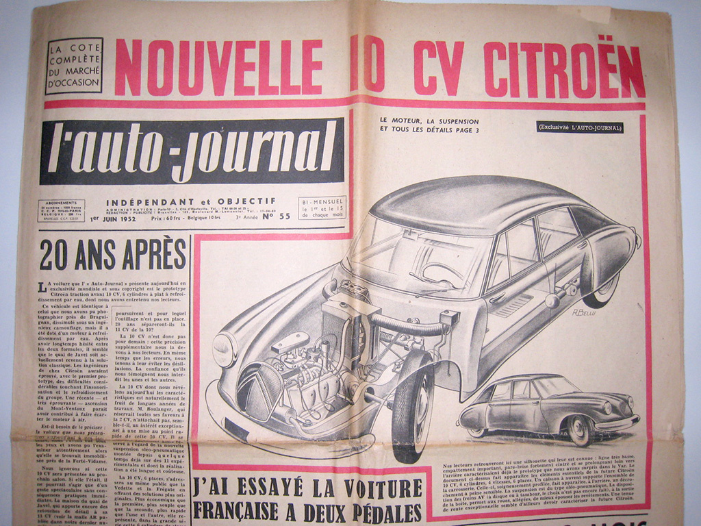 Передовица газеты L’Auto-Journal за 1 июня 1952 года с изображением «Citroen 10CV». Рисунок близок к тому, как выглядел в тот момент прототип Projet D — под таким обозначением фигурировал автомобиль