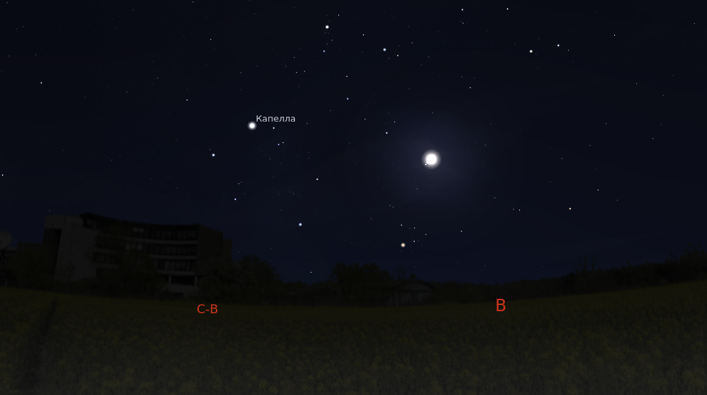 Луна в Плеядах и звезда Капелла после 23:00 по московскому времени в пятницу. Ищите эти объекты над восточной частью горизонта