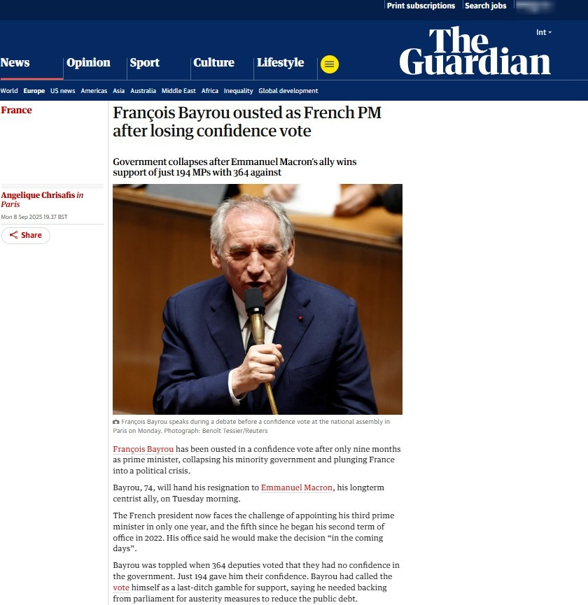 Франсуа Байру отстранен от должности премьер-министра Франции после вотума недоверия