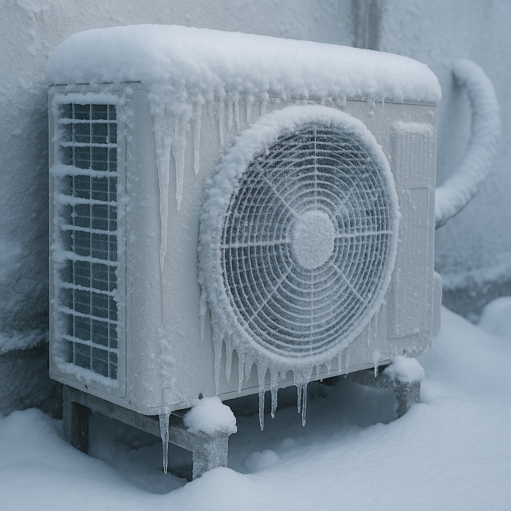 Обмерзший внешний блок кондиционера зимой