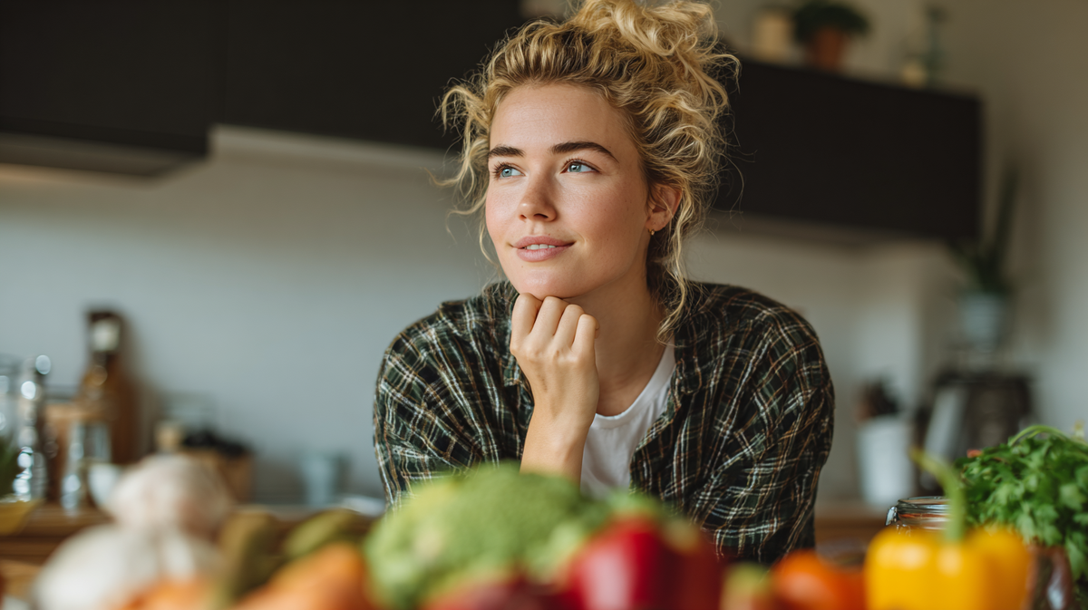 «Женщина на кухне с овощами — здоровое питание, свежие продукты и кето-образ жизни для снижения стресса»