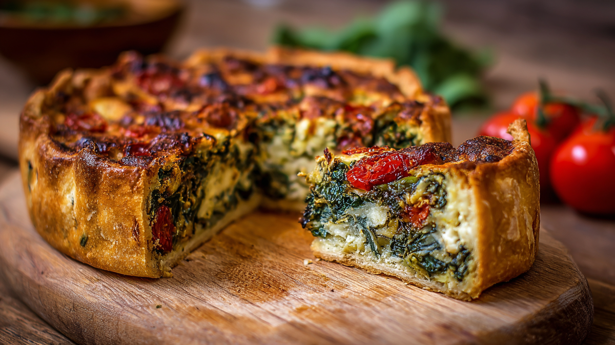 Кето-пирог с сулугуни, свекольными листьями и томатами — низкоуглеводный овощной пирог с сырной начинкой на миндальной муке, запечённый до золотистой корочки