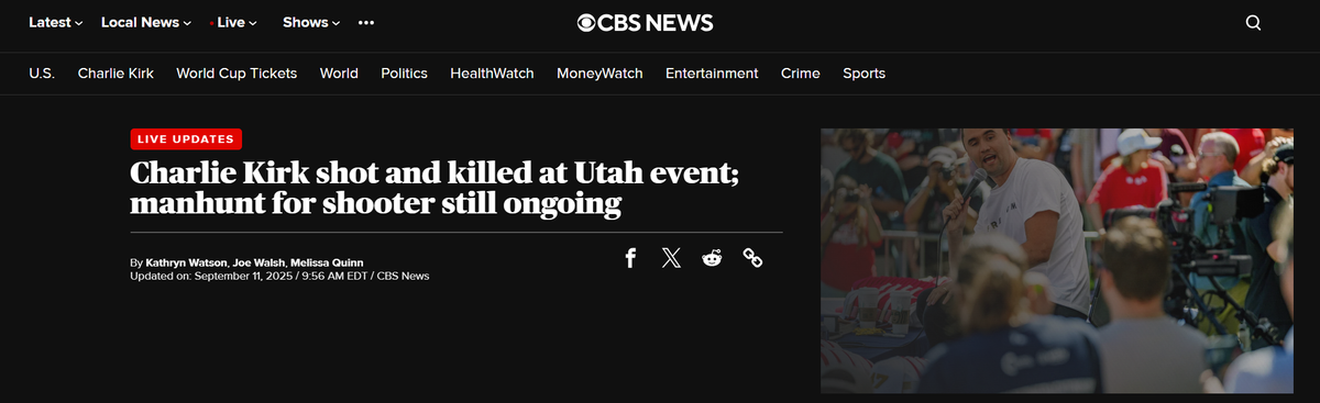     «Чарли Кирк застрелен на мероприятии в Юте; розыск стрелка продолжается»