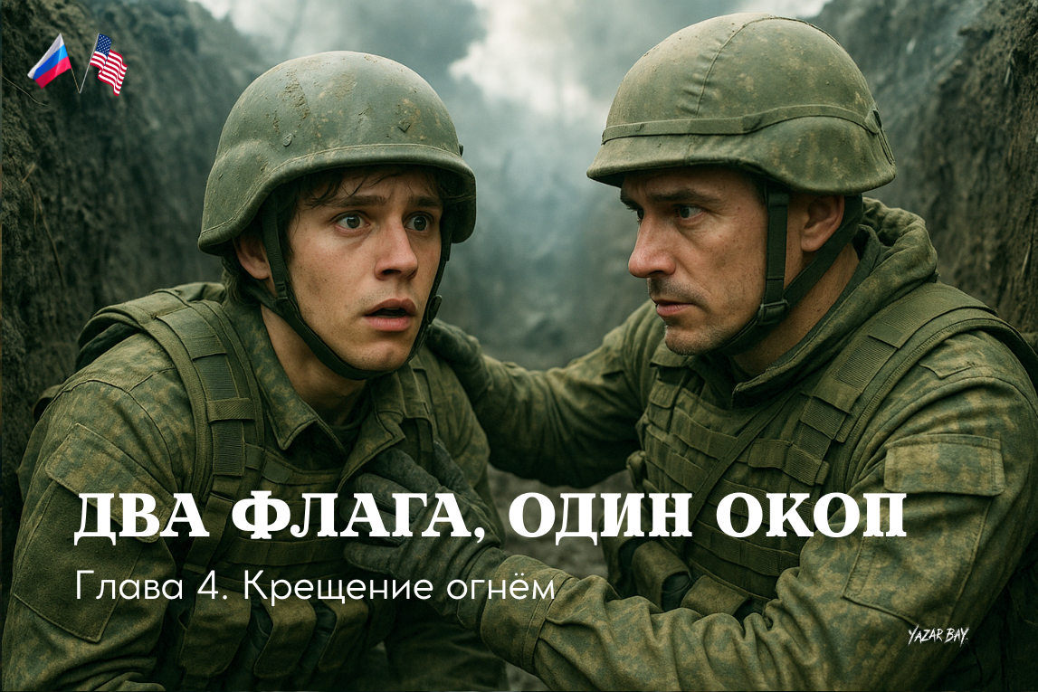 В грязном окопе под Часовым Яром русский солдат Иван подбадривает американца Майкла перед их первым боем ©Язар Бай.