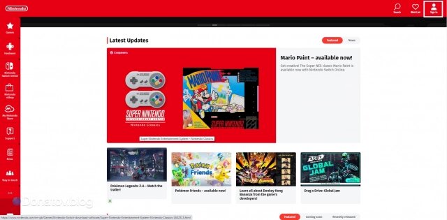    Главная страница сайта Nintendo и кнопка регистрации