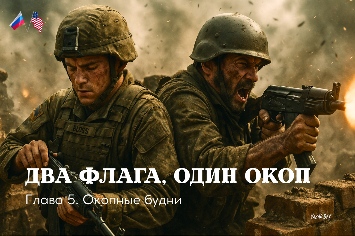 Плечом к плечу, американец Майкл и русский Иван прорываются из окружения под огнём противника ©Язар Бай. Рисунок создан ИИ и может содержать неточности в деталях.