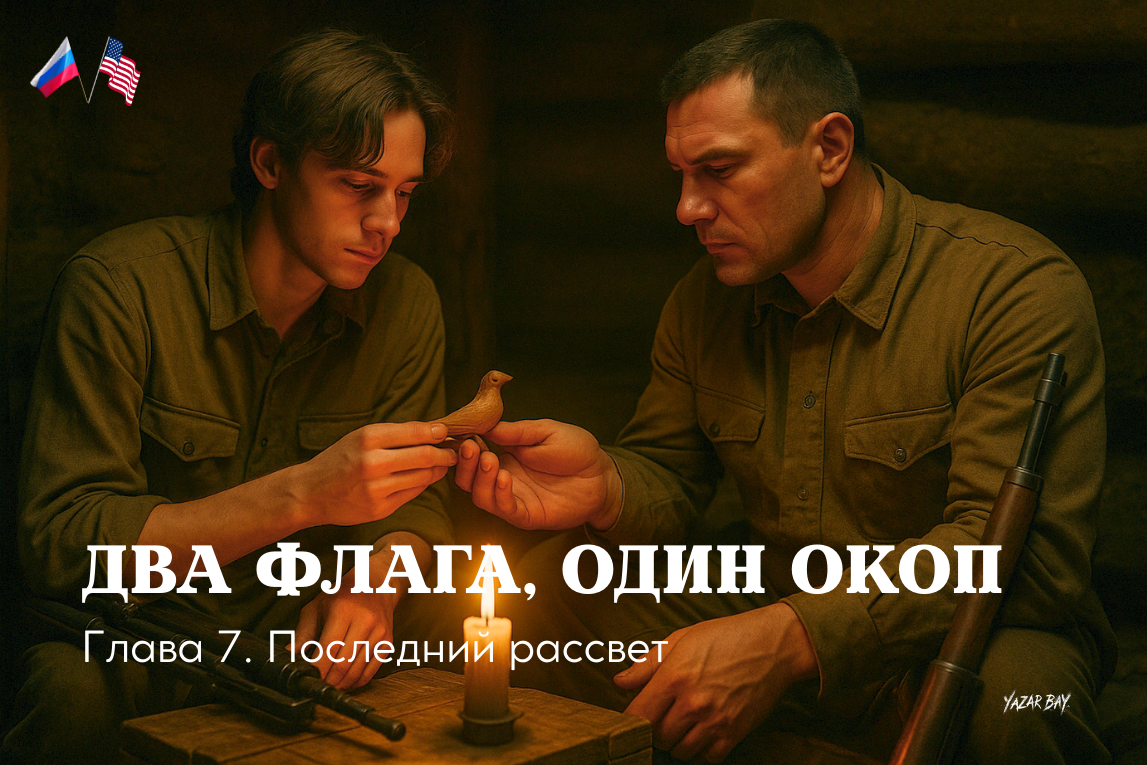 Последняя ночь перед боем: американец Майкл и русский Иван в блиндаже мечтают о мирной жизни ©Язар Бай. Рисунок создан ИИ, может содержать неточности в детелях.