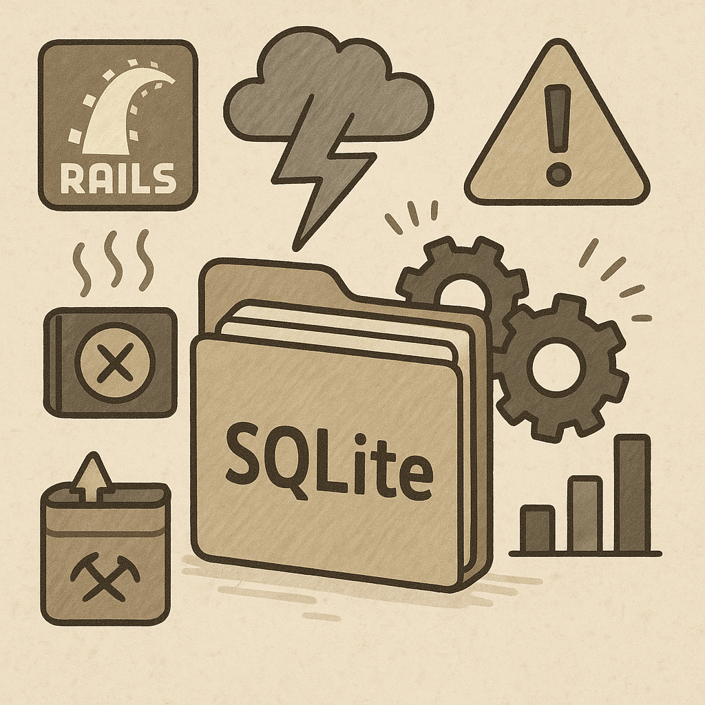 Описание: иллюстрации в винтажном стиле показывают символы SQLite и Rails, окружённые предупреждающими знаками, облаками с молниями и шестерёнками. Образ подчёркивает уязвимость архитектуры и риск сбоев при использовании SQLite в Rails-приложениях.