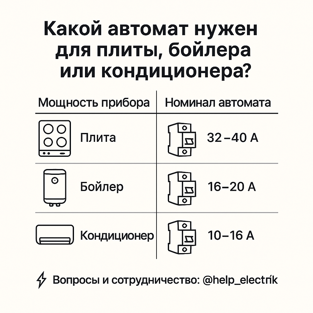 Подбор автомата — важная часть безопасной электропроводки.
Неправильно выбранный автомат может привести к частым отключениям, перегреву проводки и даже пожару.


---

Зачем нужен автомат?

Автомат защищает проводку от перегрузок и короткого замыкания.
Его задача — вовремя отключить питание, если нагрузка превышает допустимую.


---

Как выбрать автомат правильно

1. Определите мощность прибора

Плита — 6–8 кВт.

Бойлер — 1,5–3 кВт.

Кондиционер — 1–3,5 кВт.



2. Посчитайте ток нагрузки
Формула:

I = P / U

Где:

P — мощность (Вт),

U — напряжение (В, обычно 220).



3. Подберите номинал автомата

Для плиты — 32–40 А.

Для бойлера — 16–20 А.

Для кондиционера — 10–16 А.



4. Подберите кабель по сечению
Автомат всегда выбирается по кабелю, а не только по прибору.




---

Важные советы

Лучше использовать отдельную линию для каждого мощного прибора.

Устанавливать автомат и УЗО в паре — для максимальной защиты.

Всегда брать оборудование известных производителей.



---

✅ Вывод: правильный автомат — залог безопасности вашей техники и дома.
Если сомневаетесь, лучше доверить расчёт электрику.

⚡ Вопросы и сотрудничество: @help_electrik