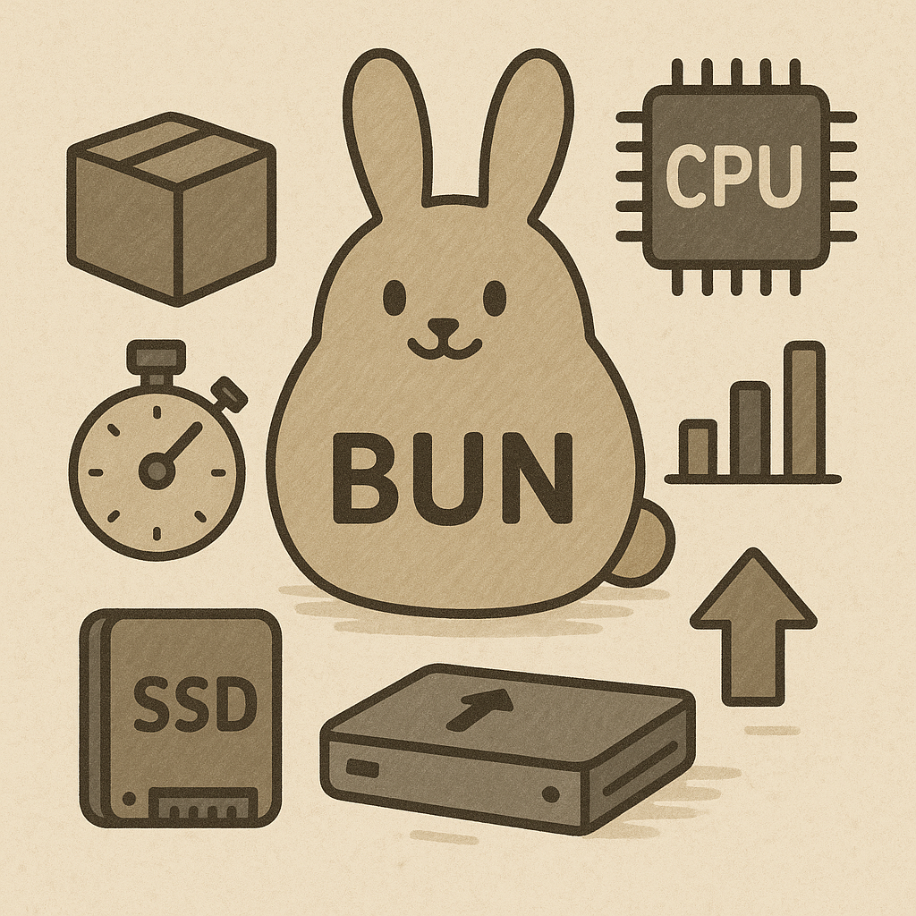 Описание: иллюстрации в винтажном стиле показывают дружелюбного кролика-талисмана Bun, окружённого символами высокой производительности: процессором, SSD, графиком роста и молниями скорости. Образ подчёркивает быструю установку пакетов и оптимизацию под современное железо.