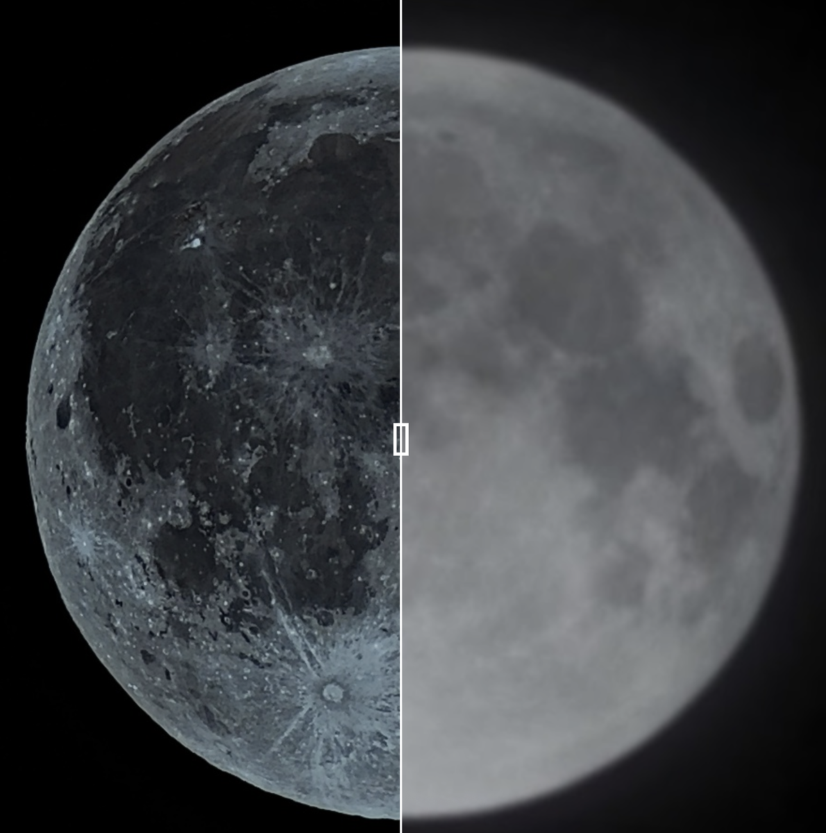 Снимок луны - слева Seestar S50, справа Samsung Galaxy S25. Источник: https://www.4rknova.com//blog/2025/09/08/moon-photos