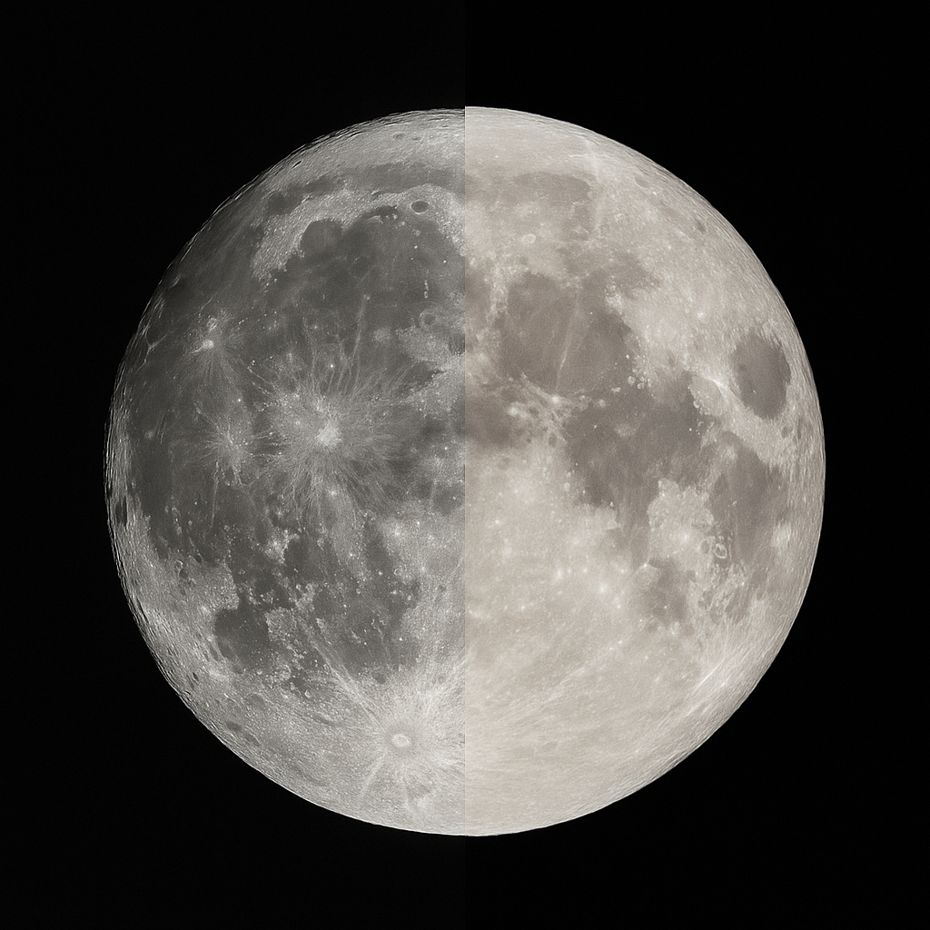 Описание: изображения сравнивают фото полной Луны, сделанные телескопом Seestar S50 и смартфоном Samsung S25. На снимке с телефона видны лишь основные морские равнины и крупные кратеры, тогда как телескоп показывает более чёткие мелкие детали, текстуры и контрастность поверхности.