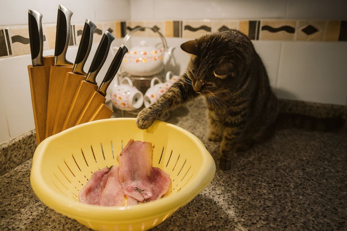 Котик тянется лапкой к филе селёдки 