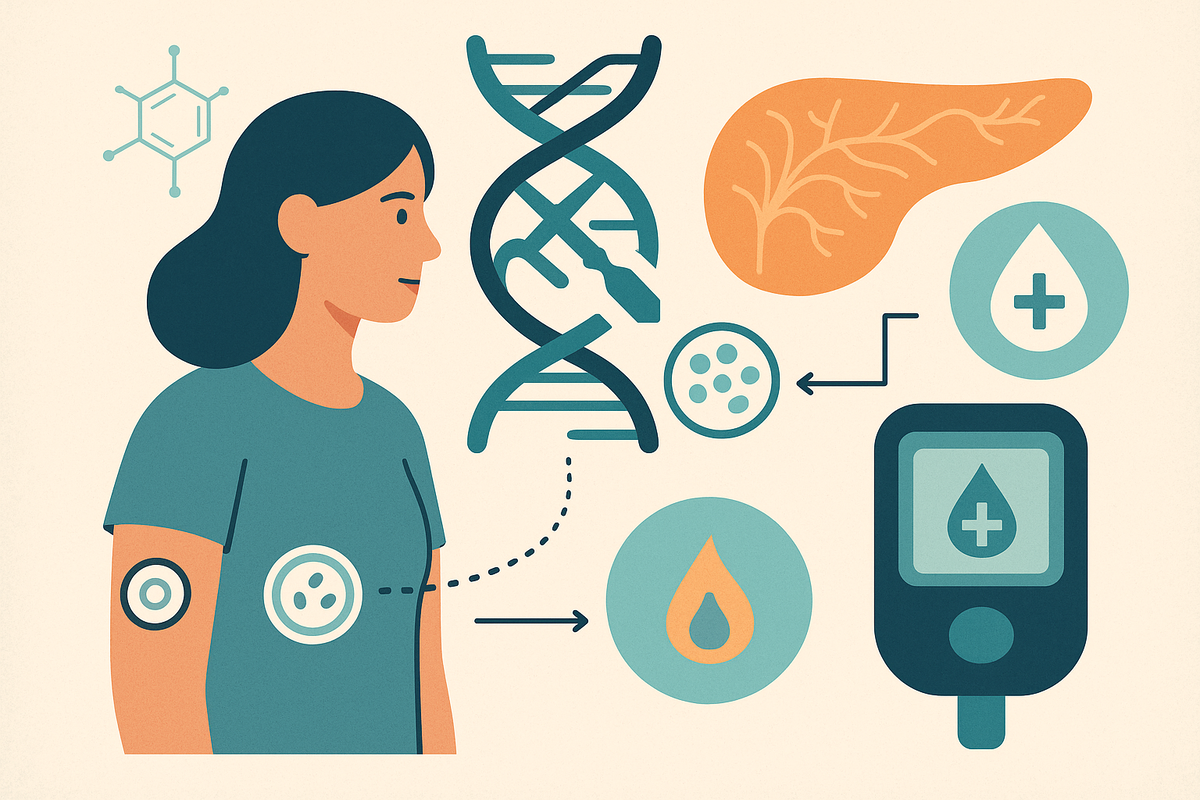 Описание: иллюстрации показывают сочетание символов CRISPR-редактирования, ДНК, поджелудочной железы и контроля уровня сахара. Визуальный акцент сделан на том, как генная терапия может заменить инъекции инсулина, предлагая новый подход к лечению диабета.