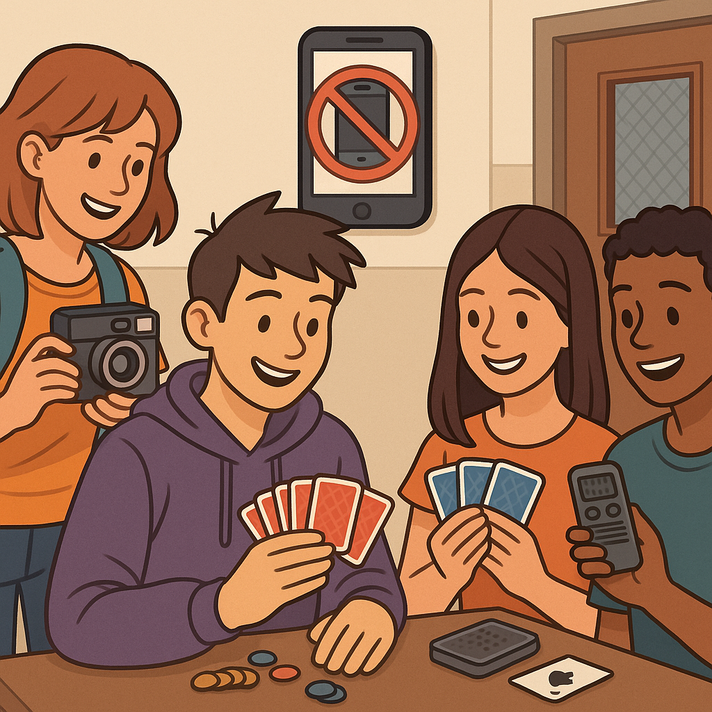 Описание: иллюстрации изображают подростков в школьных коридорах Нью-Йорка, которые вместо смартфонов играют в карты, пользуются полароидными камерами и диктофонами. Атмосфера подчёркивает живое общение и аналогое время препровождение после введения запрета на телефоны.