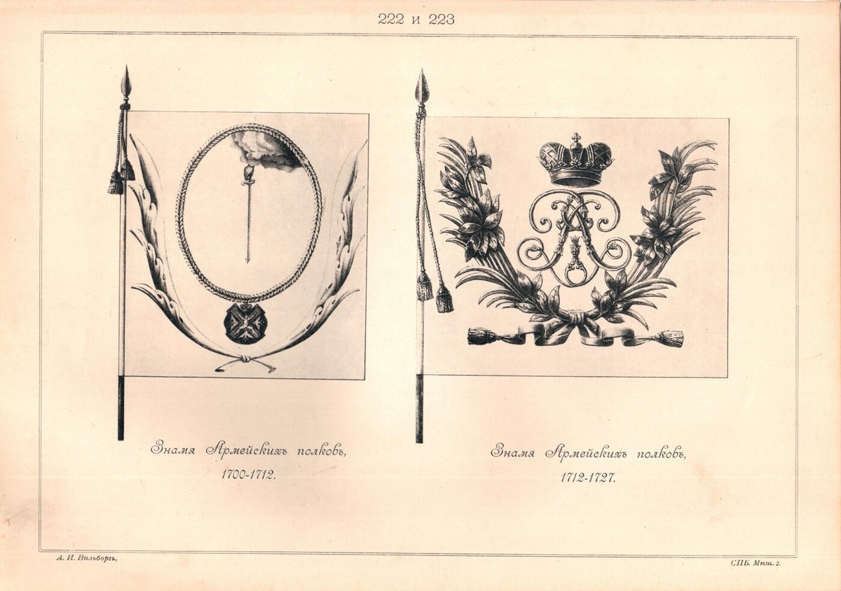 Знамя Армейских полков, 1700 - 1712. Рисунок № 222. Знамя Армейских полков, 1712 - 1727. Рисунок № 223. Источник: Висковатов А. В. "Историческое описание одежды и вооружения Российских войск. В 30 томах. Том 2. Ссылка: https://dzen.ru/a/aMA-TkduEh39cfck Так могли выглядеть полковые знамена Вологодского (с 1790 года 2-го по счёту Астраханского гренадерского полка - будущего 12-го гренадерского Астраханского Императора Александра III полка) пехотного полка с 1708 по 1727 годы.
