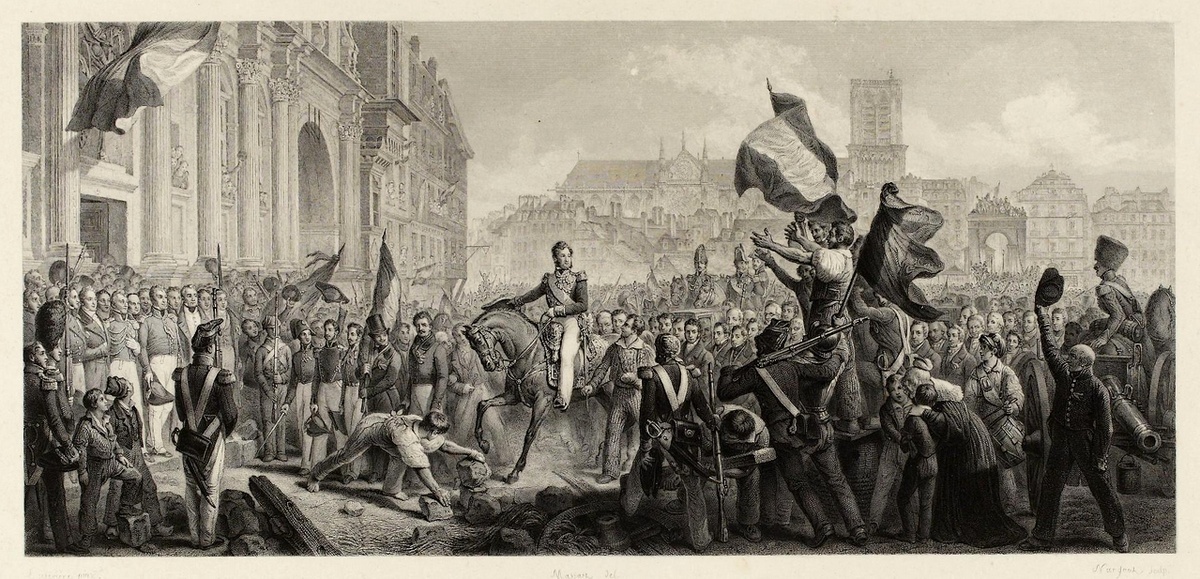 Прибытие Луи Филиппа Орлеанского в Парижскую Ратушу. Гравюра на стали Жана-Дени Нарже,  По картине Элуа-Фирмина Ферона (1837). Музей Карнавале, Париж, / commons.wikimedia.org