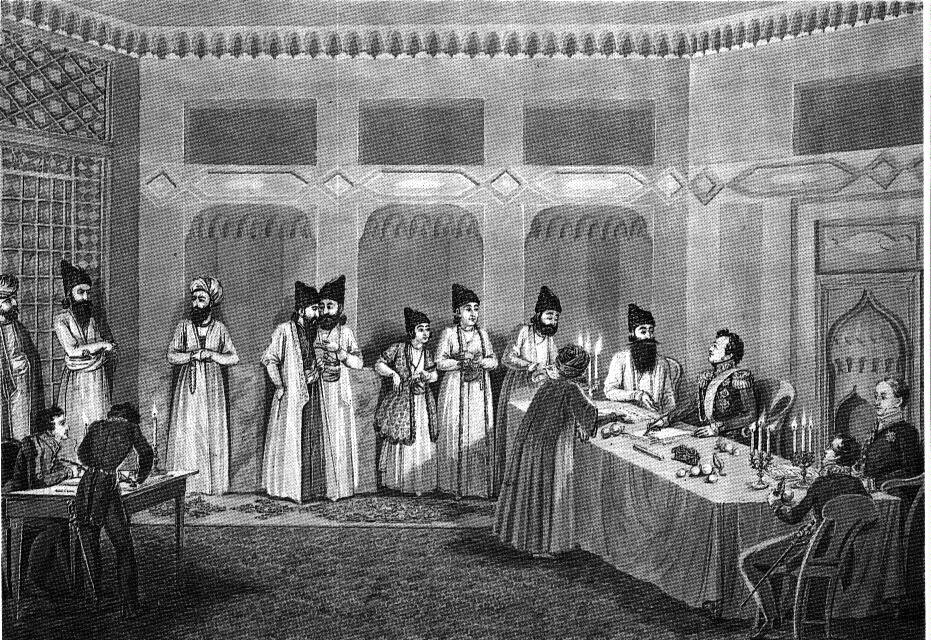 Гравюра Владимира Мошкова «Иван Паскевич и Аббас-Мирза подписывают Туркманчайский мирный договор по окончании русско-персидских войн 1826-1828 годов» / ru.wikipedia.org