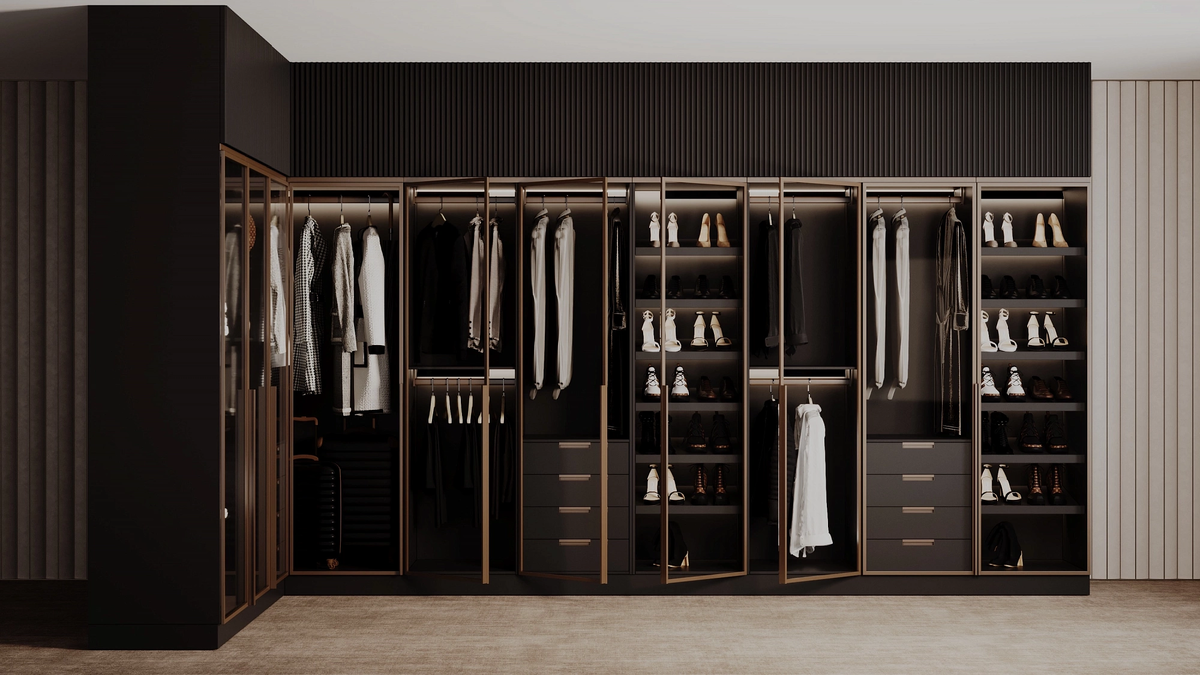 ФАБРИКА МЕБИУС. Премиальная гардеробная "Брекон" со стеклянными фасадами в алюминиевой раме и островом
