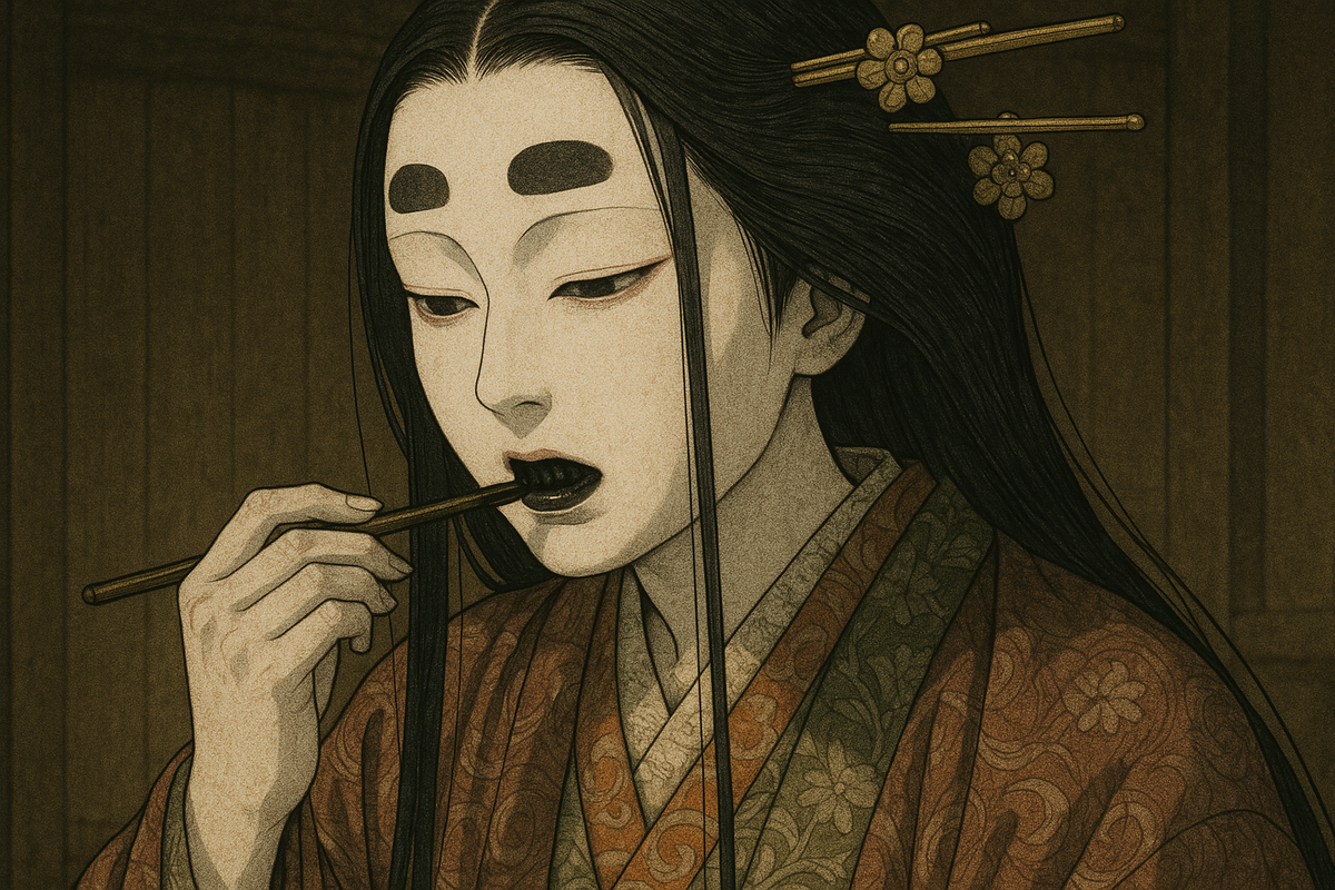 Молодая аристократка периода Хэйан во время ритуала «охагуро» (создано с помощью нейросети)