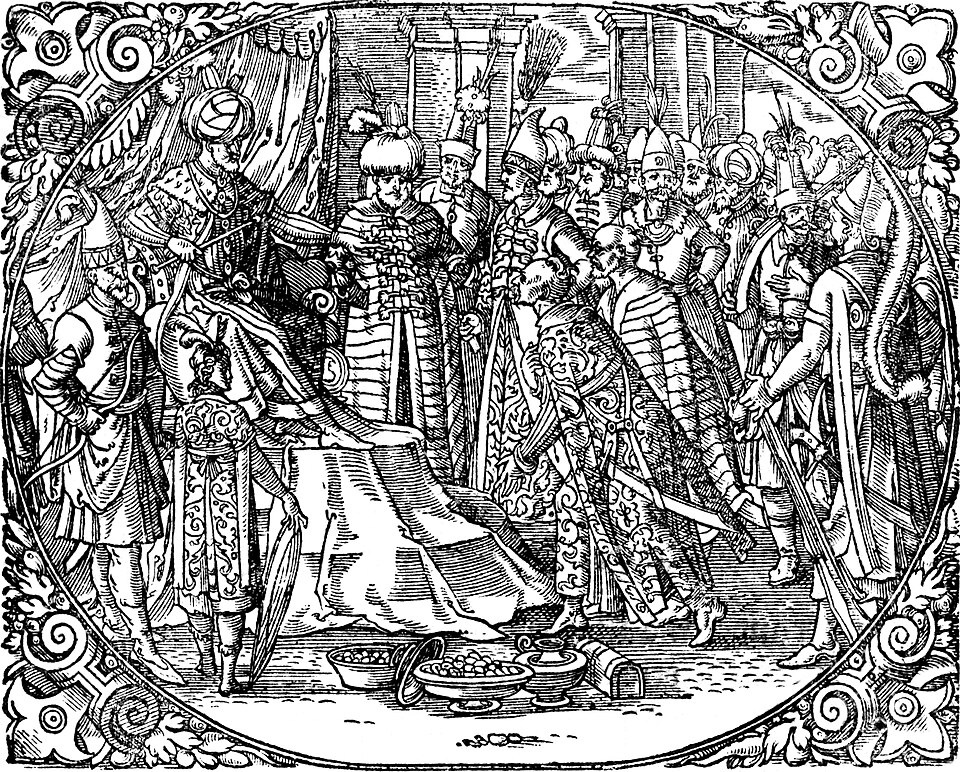 Преподнесение Герберштейном даров великому князю Василию III. Гравюра из франкфуртского издания «Записок о Московии» 1576 г. (московский князь и его двор изображены в турецких одеждах). Фото: wikipedia.org