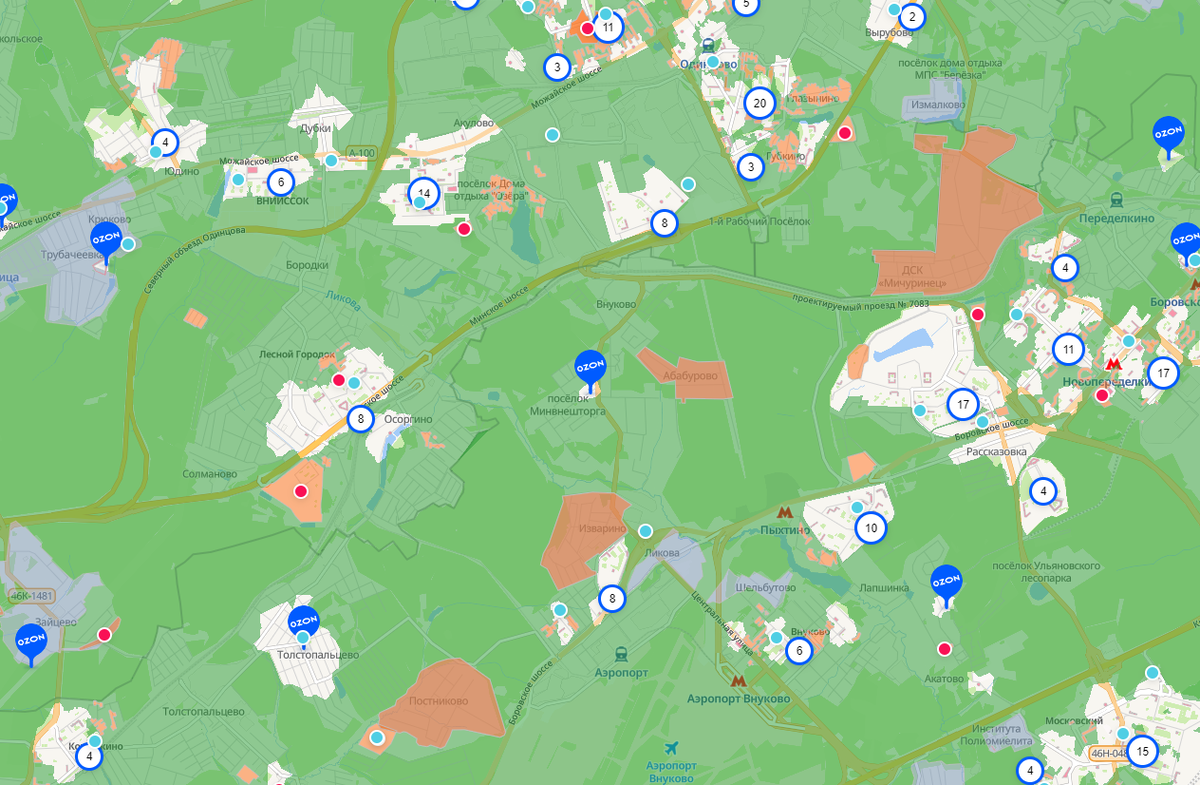 На тепловой карте Ozon отмечены локации для открытия ПВЗ по франшизе