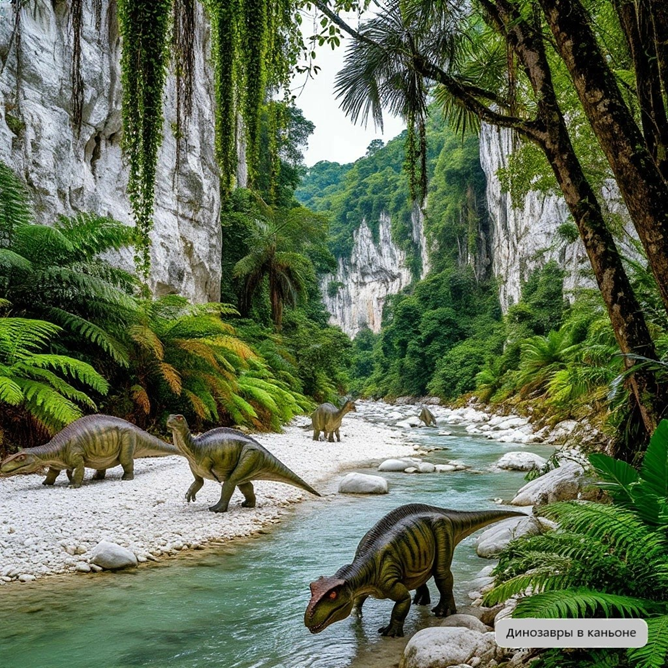 Рис. 2. Динозавры в каньоне (источник: создано автором при помощи технологий искусственного интеллекта (далее — ИИ))