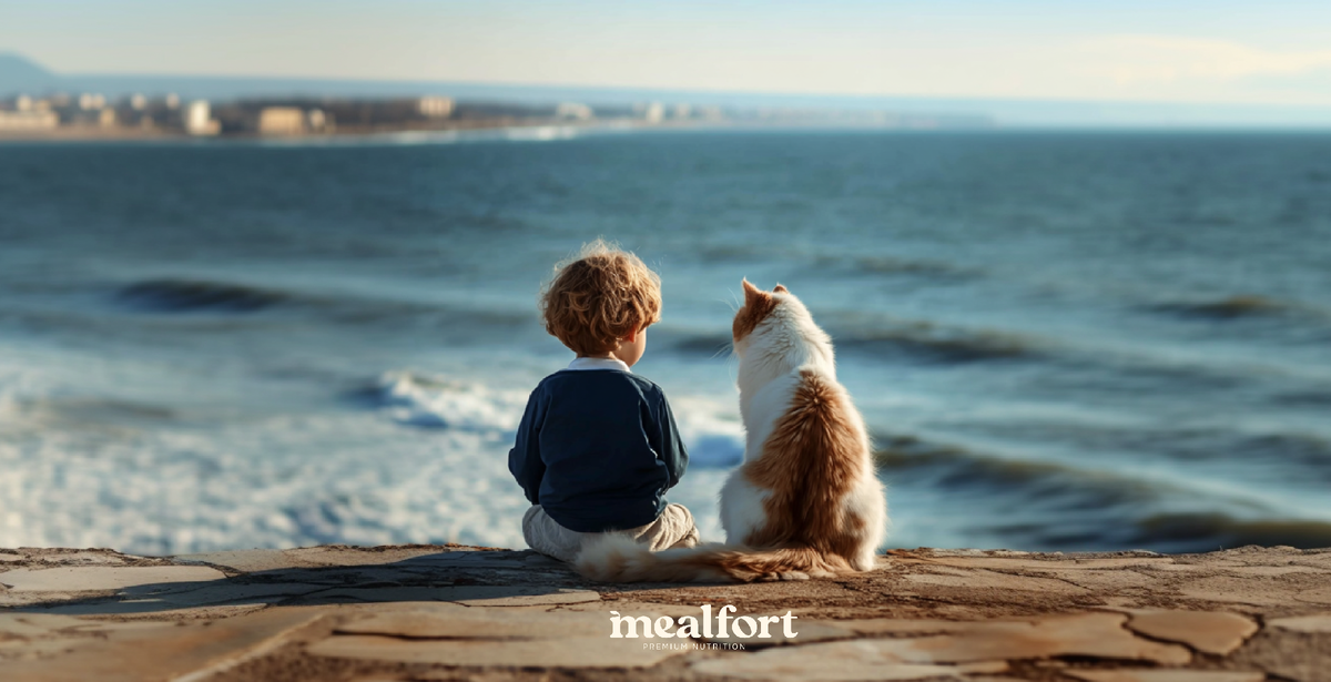 ребёнок и кот силят на набережной / фото mealfort